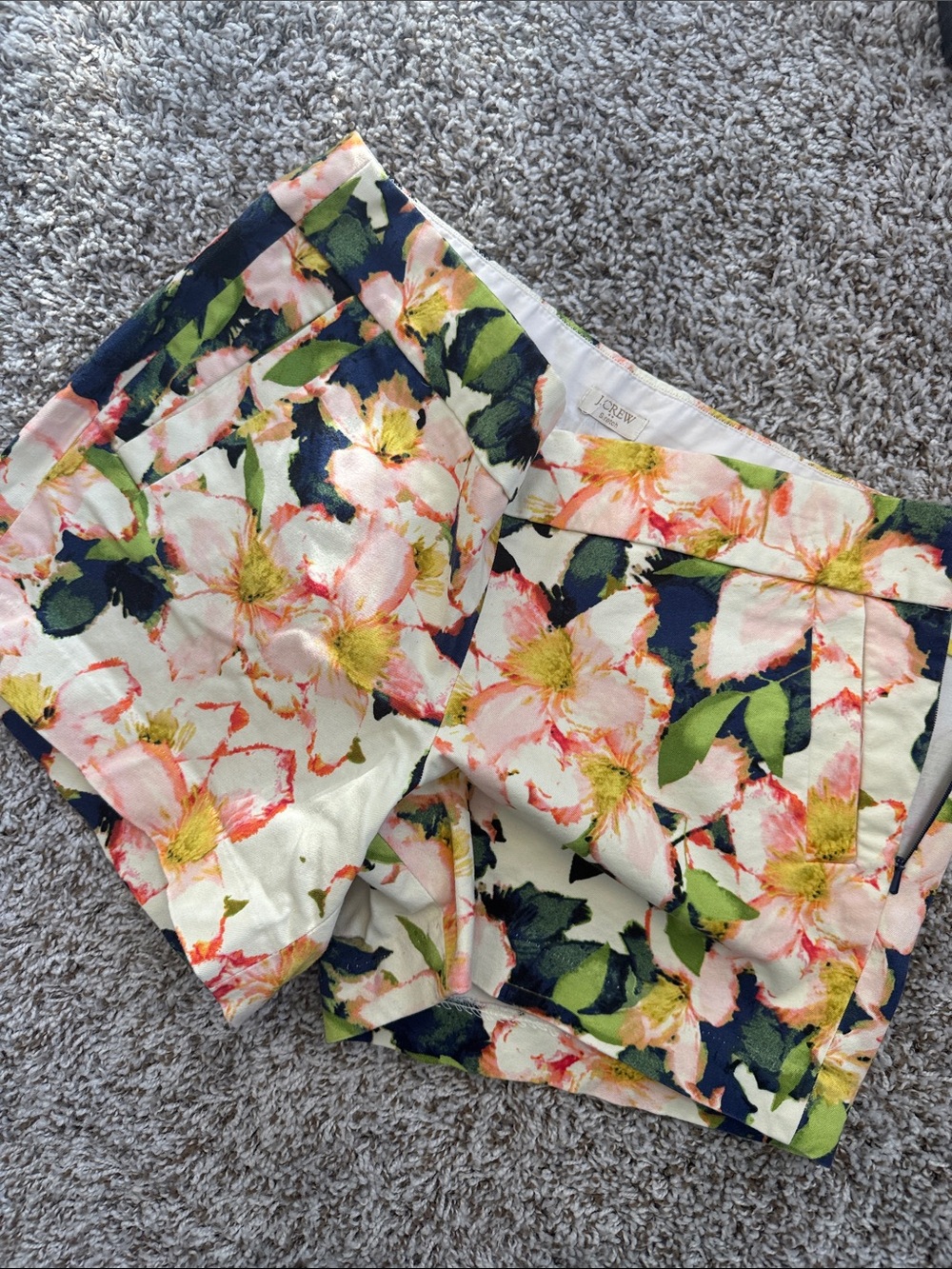 J. Crew Floral Print Bermuda Shorts in White, Pink and Green